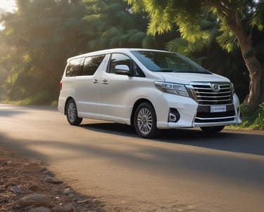 A sleek white van parked near a lush golf course under a clear blue sky.