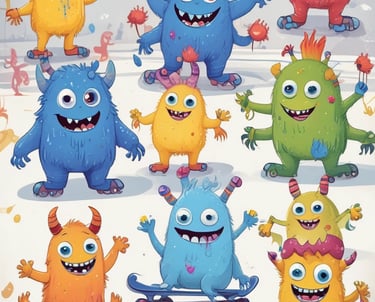 A cheerful group of diverse children wearing colorful monster-themed clothing.
