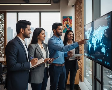 a group of CMI graduates standing around a large screen tv