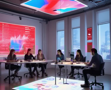 A modern office space with a team collaborating on marketing strategies.