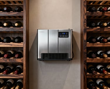A wine cellar cooling unit situated in a home wine cellar to help maintain temperature.