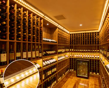 A well-organized wine cellar with LED lighting all around the ceiling.