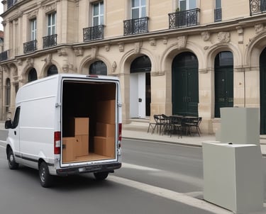 A delivery van with icons representing fast shipping across France.