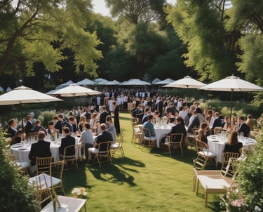 An elegantly decorated event space with tables and chairs set for a celebration.