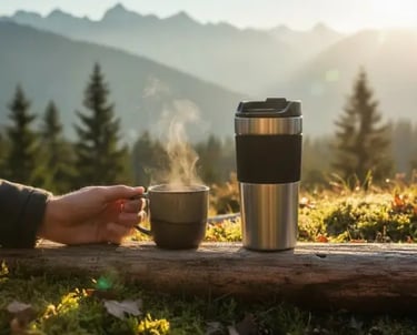 une personne tenant une tasse de café dans les montagnes