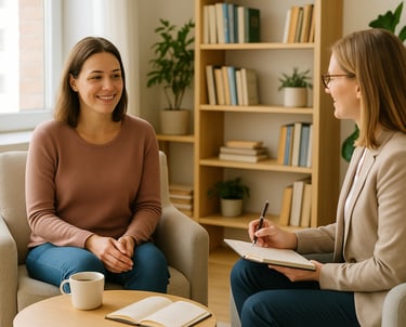 Mujer en terapia feliz al sentirse comprendida