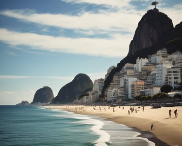 A grand multi-story hotel with white facade and blue striped accents along the windows. Several green awnings adorn the lower part of the building. Luxury cars, including a red taxi, are parked in front of the entrance. A fountain with water jetting upward is visible in the foreground.