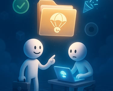 A digital illustration of two humanoid figures in a futuristic setting. One stands pointing toward a