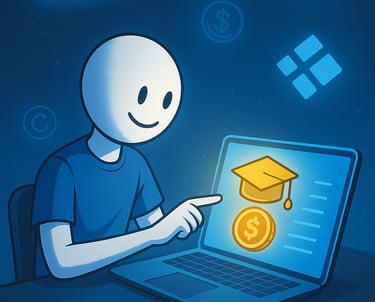 A cheerful stick-figure character sits at a desk, interacting with a glowing laptop that displays a