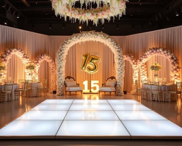 Luxury Quinceañera event setup in Miami showcasing full-service planning with floral arches, gold '15' centerpiece, luxury da