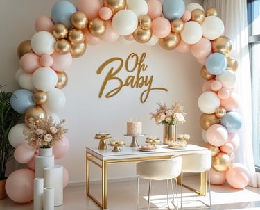 Elegant baby shower setup featuring 'Oh Baby' backdrop, pastel and metallic balloons, candy tables, and luxury furniture by L