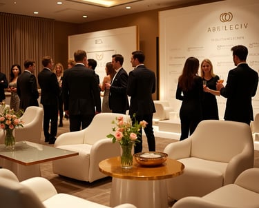 Luxury corporate networking event in Miami featuring elegant lounge seating, floral centerpieces, branded backdrop, and forma
