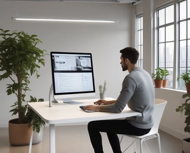 Two people are interacting with a laptop on a white standing desk. The laptop screen displays a webpage related to social wall solutions for hashtag campaigns. The setting appears to be a modern office with several chairs, tables, and a large plant in the background. One person is wearing a colorful floral top and the other is in a dark t-shirt.