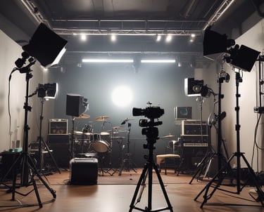 A modern music studio with vibrant red and blue lighting, featuring a large mixing console with a digital display showing the logo 'MMP'. Studio monitors and electronic equipment are visible around the console.