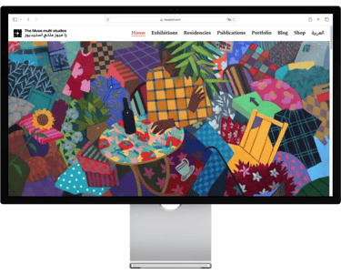 a computer monitor screen displaying a picture of a computer screen with a colorful painting