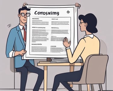 A person is holding a resume in front of them while sitting at a white table. Another person, slightly blurred, is seated across the table. The resume has a blue header with the name and title 'Lauren Chen, Digital Marketing Specialist'. Sections visible include contact information, education, and professional experience.