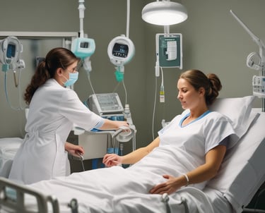 A miniature figurine of a nurse stands beside a hospital bed with a patient lying under a white blanket. The scene is minimalist with a pale background, emphasizing the medical figures.