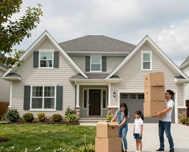 A happy family reviewing home documents together in a cozy living room.