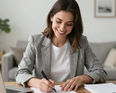 A happy family reviewing home documents together in a cozy living room.