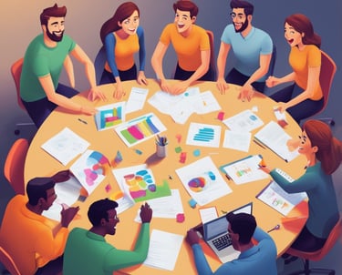 a group of people sitting around a table with papers and papers