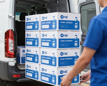 A Mercedes Sprinter van parked outside a daycare center, unloading boxes of commercial cleaning supplies.