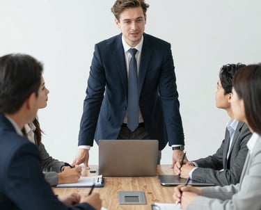 A friendly team meeting in a bright office, collaborating over financial reports and HR plans.