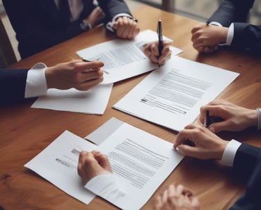 a group of people sitting around a table with papers and papers