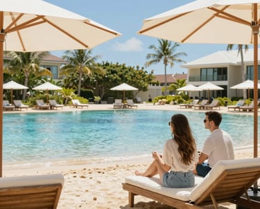 A turquoise water villa with champagne glasses on a sunlit terrace.