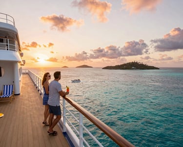 Luxury cruise ship deck at golden hour sunset, couple holding  cocktails leaning on white railing, t