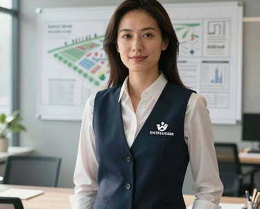 A professional portrait of a woman in business casual attire with a branded vest, standing in a sunlit modern office with agricultural blueprints in the background, North American setting, soft lighting, professional and trustworthy style.