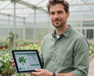 A professional portrait of a man in a sage green collared shirt standing in front of a modern greenhouse, holding a tablet showing crop health data, North American agricultural setting, bright and clean lighting, professional style.