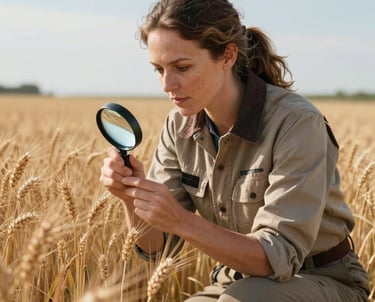 A professional portrait of a woman agronomist kneeling in a wheat field, examining the crop with a magnifying glass, North American setting, natural sunlight, wearing professional field gear, trustworthy and focused atmosphere.