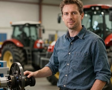 A professional portrait of a man in a clean workshop setting with modern agricultural machinery parts visible, North American setting, professional attire, soft indoor lighting, conveying expertise and innovation.