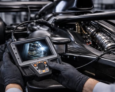 RVI videoscope image carrying out F1 engine inspection