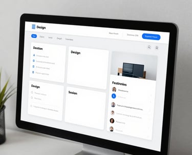 Modern dark-themed web design process illustration with blue accents and clear step icons