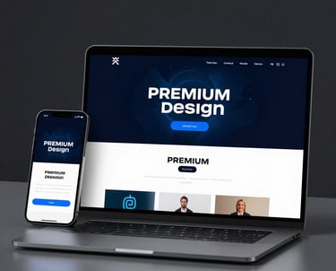 A focused professional working on a sleek laptop, designing a vibrant landing page in a cozy, modern workspace.