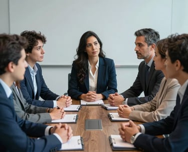 A group of diverse professionals in a boardroom engaged in a serious but respectful mediation session, focused composition, natural light, dark blue and light blue accents, Global / Spanish-speaking.