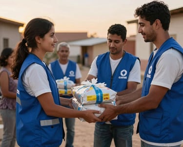 A group of aid workers in professional vests handing out essential parcels to families in an outdoor community setting, warm sunset lighting, steel blue and off-white attire, Global / Spanish-speaking.