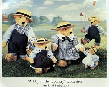 Muffy VanderBear Family teddy bears dressed in gingham, denim and straw hats
