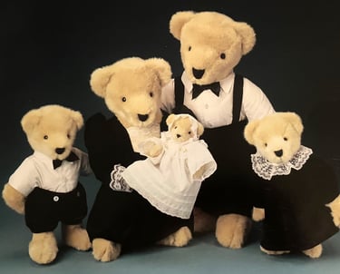 Muffy VanderBear Family teddy bears dressed in classic black velvet dinner wear