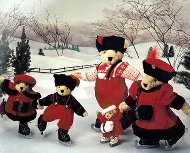 Muffy VanderBear Family teddy bears ice skating dressed in Nordic inspired outfits