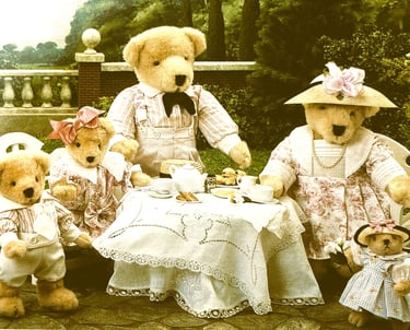 Muffy VanderBear family teddy bears having high tea in the garden dressed in pink & white party wear