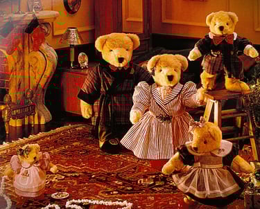 Muffy VanderBear Family teddy bears decorating Christmas tree dressed in TREE TRIMMING COLLECTION