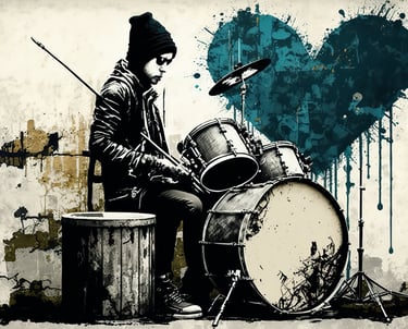 a man playing drums in front of a heart shaped heart