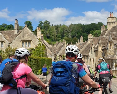 A group of women riding bikes on a guided mtb bike packing trip