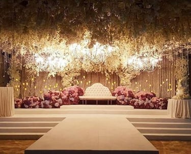 a stage with a stage and flowers
