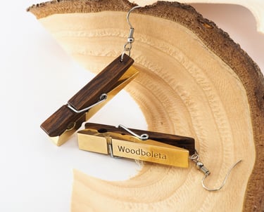 Clothes pins inspired earrings made from exotic wood and brass