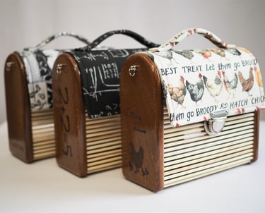 mahogany wooden bags with bamboo sticks and printed fabric