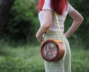 round wooden bag with lace on woman