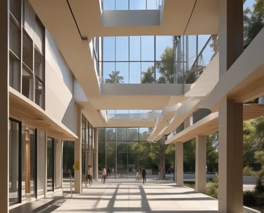 The image features the intricate and modern architectural design of a building with sweeping curves and pointed arches. The structure showcases a complex pattern of supports and windows with a light, airy appearance. The sky is a clear blue with scattered clouds, enhancing the overall striking look of the architecture.